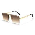 Fashionable rimless square sunglasses with brown gradient lenses and gold chain temples - Golden Double Brown