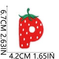 Detailed size view of strawberry letter P embroidery patch measuring 6.7cm by 4.2cm - Strawberry Letter P