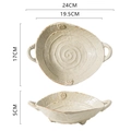Creamy white handmade ceramic straw hat pasta plate with spiral texture and handle size guide - Double Handle Spiral Bowl