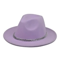Detail of lavender wool felt boater hat featuring a silver metal chain accessory - Taro Purple Hat Silver Chain