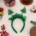 Festive green Christmas tree headband with sparkling stars and ornaments on white fur - Green Sequin Tree Headband
