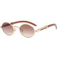 Retro small oval sunglasses with gold frame and wood grain temples for men and women - Gold/Brown