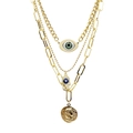 Dreilagige vergoldete Halskette mit Evil Eye, Hamsa Hand und Vintage-Münzanhängern - Dreilagig / Böser Blick + Hamsa + Münze / Gold