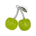 Green cherry pendant charm with silver leaf and sparkling resin fruit on white background - 1Pc White K Transparent Green Glitter Resin 3D Cherry (30x28mm)