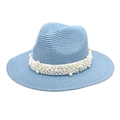 Detailed texture of light blue straw fedora hat featuring elegant white pearl band decor - M (56-58cm) / Sky Blue
