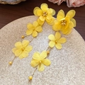Exquisite detail of yellow fabric flower tassel earrings with gold chains - Bright Yellow Fabric Floral Tassel Style (39#银针) / Yellow
