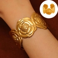 Golden wide open cuff bracelet featuring linked matte rose flower design for women - Matte Rose Flower (8686)