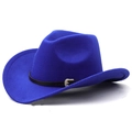 Close-up of royal blue felt cowboy hat featuring black leather band and silver metal buckle - M (56-58cm) Adjustable / Sapphire Blue