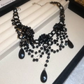 Detailed view of gothic black floral beaded necklace with crystal teardrop charms - Black Flower Water Drop Necklace