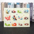 Educational wooden peg puzzle featuring twelve colorful cartoon insect illustrations - A026 Insects Recognition