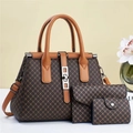 Three-piece leather tote bag set with pattern print and adjustable shoulder strap - Three-Piece Set / Coffee & Mustard Yellow