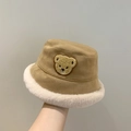 Khaki baby winter teddy bear bucket hat with thick white faux fur trim and bear patch - 46-52cm / Khaki