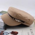 Detail view of beige PU leather newsboy hat with black strap and metallic buckle decoration - One Size 58cm / Khaki Leather Octagonal Hat