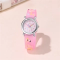 Close-up of pink silicone strap with cute flamingo pattern on kids analog watch - Rose Red