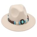 Detail of turquoise beads and vintage stone on beige wool fedora hat with ethnic band - One Size / Off White