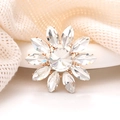 Close-up of a flower-shaped silver brooch with sparkling clear crystal rhinestones - White