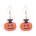 Detail view of Halloween pumpkin earrings with wizard hats and orange enamel finish - Pumpkin Smiley Face