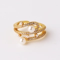 Detail of gold spiral ring with layered bands featuring white pearls and zircon pavé - Multi-Layer Spiral Artificial Pearl Style (Style 7)