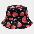Detailed close-up of fruit print bucket hat featuring strawberries and blueberries - Black Base Strawberry Blueberry Flower Print (12# Color)