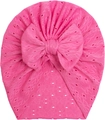 Close-up of bright pink baby turban hat featuring mesh lace texture and large bow detail - Rose Red