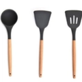 3-piece black silicone cooking utensil set with natural wooden handles on white background - Black 3-Piece Set