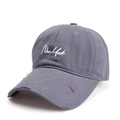Detailed shot of grey cotton baseball cap featuring New York embroidery and distressed brim - Gray