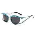 Occhiali da sole cat-eye Y2K con montatura in metallo argento e strass blu brillanti - Montatura Blu Lenti Grigie
