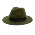 Classic olive green wool fedora hat with wide brim and black ribbon band for winter - M (56-58cm) / Dark Green