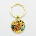 Artistic golden keychain featuring Van Gogh's Sunflower oil painting in a round glass dome - Gold-Sunflower
