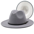 Detail of dark grey wool fedora hat with black leather band and gold metal buckle detail - M (56-58cm) / Grey + White