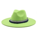 Close-up of ethnic style band with tassels and sequins on a lime green felt fedora hat - M (56-58cm) / Fruit Green