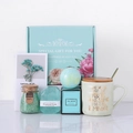 Green ceramic tulip mug and spa gift set in light blue floral box for women - Mint Green Set + Ceramic Mug + Wood Lid