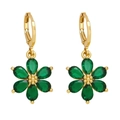 Elegant gold flower earrings with green zircon petals on a clean white background - Green