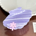 Purple shell-shaped acetate hair claw with white stripes and small pink floral accents - Purple-9cm
