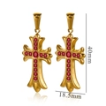 Vergulde roestvrijstalen kruis oorringen met rode stenen, maat 40mm x 18,5mm - Groot (40mm x 18.5mm) / Goud/Rood