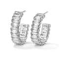 Silver C-shaped hoop earrings with square zircon stone pavé on a white background - White Zirconia Platinum Plated