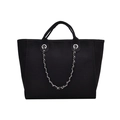 Detalle del bolso tote de lona negra con asas dobles y correa de cadena de metal plata - Negro