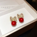 Macro shot of red bead bow earrings with sparkling crystals in a jewelry box - Silver Pin - Gold - Red Bowknot Round Bead (13#)