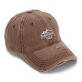 Macro detail of dark brown washed cotton baseball cap with mountain embroidery and distressing - One Size (56-60cm Adjustable) / Coffee