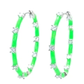 Neon green enamel hoop earring with silver metal base and inlaid white zircon stones - Platinum Plated Green