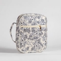 Quilted book storage bag in cream with blue floral print and convenient side handle - Dark Blue Floral