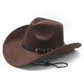 Brown Western cowboy hat with wide brim, leather belt accessory and adjustable chin strap - M (56-58cm) / Brown