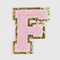 Pink chenille embroidered letter F patch with gold glitter trim for DIY accessories - Letter F
