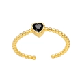 Detail of gold beaded ring band with a heart-shaped black gemstone centerpiece - Adjustable Open / Black