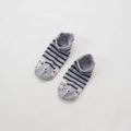Detail shot of gray striped cotton socks featuring a cute cartoon animal face design - Grey Striped Face