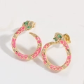 Snake stud earrings in gold with pink enamel scales and green gemstone eyes detail - Rose Red