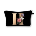 Black dumpling makeup bag with golden letter H and colorful floral print details - Letter H