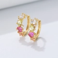 Pair of gold s925 silver hoop earrings featuring colorful zircons in a floral design - Gold
