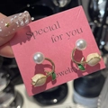 Elegant tulip flower earrings with white pearl and green enamel leaves in gold plating - Artificial Pearl Tulip (2015)