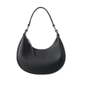 Minimalist black crescent hobo bag with pebbled leather texture and silver hardware - Black